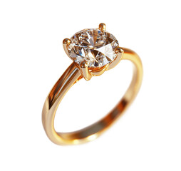 Golden engagement ring with large sparkling diamond in prong setting, luxury jewelry for weddings or proposals, high-quality craftsmanship, elegant design, isolated on transparent background
