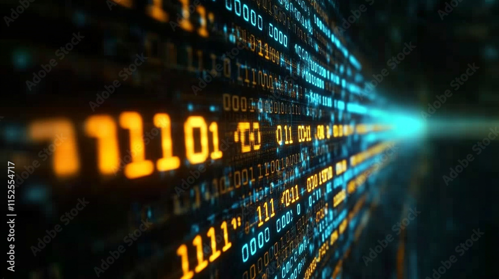 Poster a vibrant digital background of green and yellow binary data streams representing the chaotic and dy