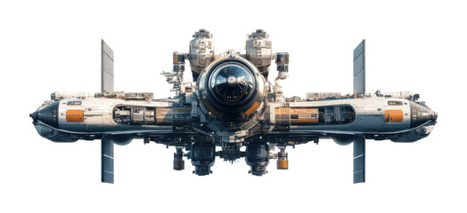 Space station with satellite arms extended, showcasing advanced design and technology in a cosmic environment. Isolated on transparent background, png.