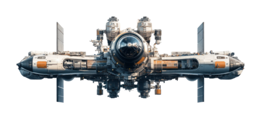 Space station with satellite arms extended, showcasing advanced design and technology in a cosmic environment. Isolated on transparent background, png.