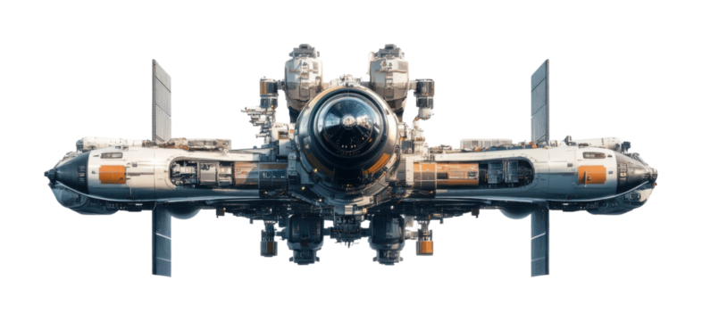 Space station with satellite arms extended, showcasing advanced design and technology in a cosmic environment. Isolated on transparent background, png.