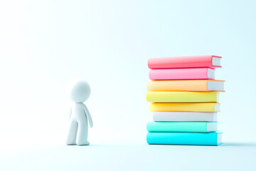 A minimalist figure gazes up at a colorful stack of books, symbolizing knowledge and learning.