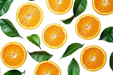 Fresh orange slices and green leaves seamless pattern, vibrant citrus fruit background for healthy...