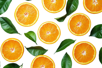 Fresh orange slices and green leaves seamless pattern, vibrant citrus fruit background for healthy food concepts and summer designs isolated on transparent background