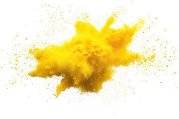 a vibrant yellow powder explosion against a clean transparent background the powder is dispersed in a cloud-like shape. with a burst of fine particles creating a dynamic and energetic visual