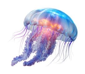Single glowing jellyfish with vibrant pink, purple, and orange hues, floating in water, bioluminescent marine creature, aquatic design isolated on transparent background.