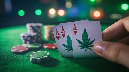 "Poker hand holding cannabis-themed ace cards with colorful chips on green felt table in vibrant casino setting."  
