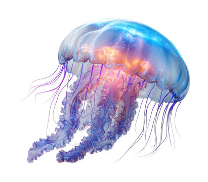 Single glowing jellyfish with vibrant pink, purple, and orange hues, floating in water, bioluminescent marine creature, aquatic design isolated on transparent background.