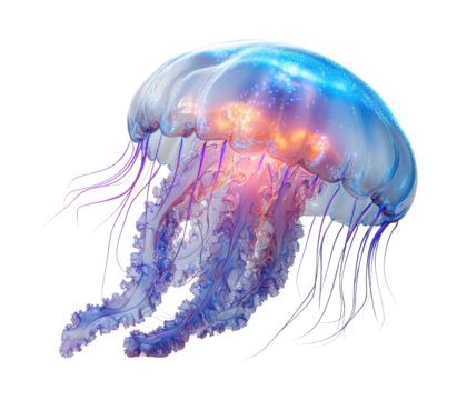 Single glowing jellyfish with vibrant pink, purple, and orange hues, floating in water, bioluminescent marine creature, aquatic design isolated on transparent background.