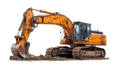 Rusty yellow excavator for heavy construction, industrial digging machine on white background, construction site equipment isolated on transparent background
