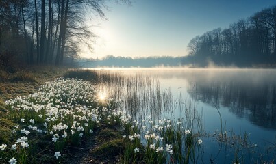 Fototapeta premium Serene sunrise over misty lake with wildflowers.