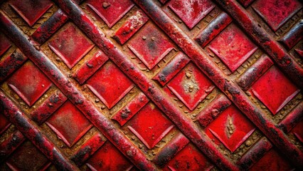 Red stamped metal, grunge background; urban exploration photography showcases industrial rust.