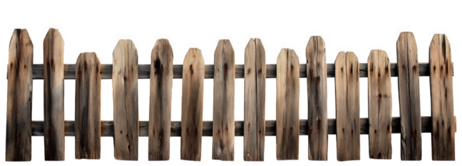 a weathered wooden picket fence. made of rough-hewn planks. with faded paint and nails showing. isolated against a transparent background