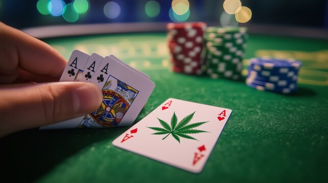 Poker cards with cannabis leaf design and colorful casino chips on green felt table in gambling setting.