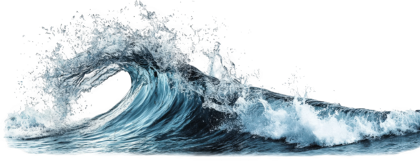 a powerful ocean wave crashes and breaks. creating a spray of water droplets against a transparent background