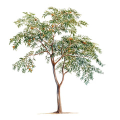 Detailed Botanical Illustration of a  Mature  Tree with Lush Green Foliage and Ripe Fruits