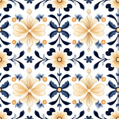 Fototapeta premium Floral seamless pattern featuring blue and beige flowers with intricate details, perfect for textiles and wallpapers. design evokes sense of elegance and charm