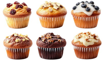 six assorted muffins on a transparent background the muffins are arranged in two rows of three. with each muffin having a different topping the toppings include chocolate chips. blueberries. nuts. and