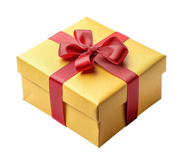 Obraz premium Golden gift box with red satin ribbon bow, luxurious present packaging for holidays, celebrations, and special occasions, isolated on transparent background