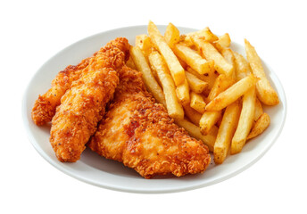 Crispy fried chicken tenders served with golden French fries, delicious fast food meal on white plate isolated on transparent background