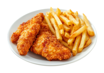 Crispy fried chicken tenders served with golden French fries, delicious fast food meal on white plate isolated on transparent background