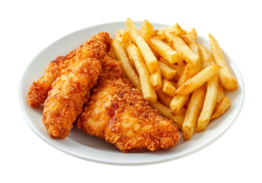 Crispy fried chicken tenders served with golden French fries, delicious fast food meal on white plate isolated on transparent background