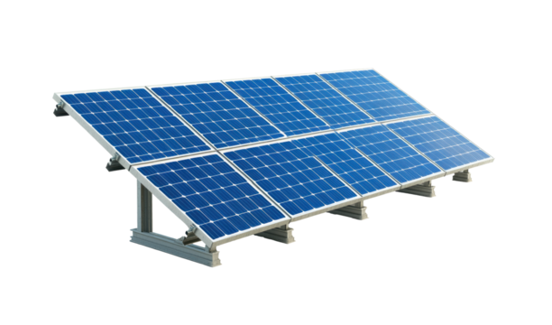 Row of solar panels with reflective surface, sustainable energy, solar technology, modern renewable power source, clean electricity generation, isolated on transparent background, photovoltaic cells