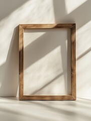Empty wooden picture frame leaning on white table with window light shadows