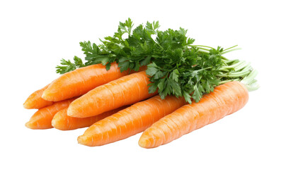 Bunch of fresh orange carrots with leafy green tops, healthy organic vegetable for cooking, salads, or nutrition isolated on transparent background