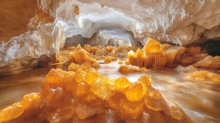 Amber Crystal Formations In An Underground Cave River