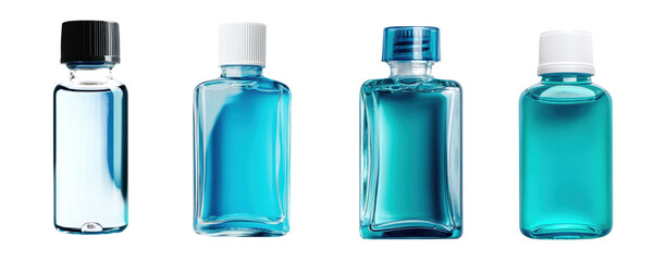 Four bottles filled with a vibrant blue liquid, each differing in shape and cap color, showcasing various designs and transparencies.