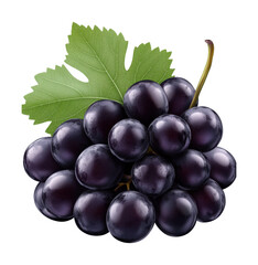 Fototapeta premium Fresh black grapes with green leaf, juicy fruit cluster perfect for food, wine, or natural design themes, healthy and ripe isolated on transparent background