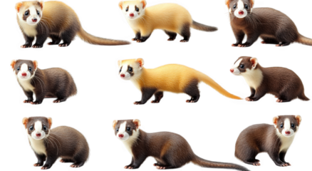 nine ferrets of different color variations posing on a transparent background they are all looking at the camera