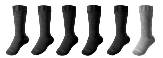 six pairs of cotton socks in black and grey. arranged in a row on a transparent background the socks are folded at the ankle and the toes are pointing towards the viewer
