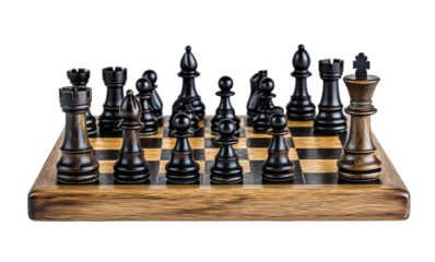 Wooden chess board with black and brown pieces in starting position, strategic game setup, classic design, and traditional gameplay theme isolated on transparent background