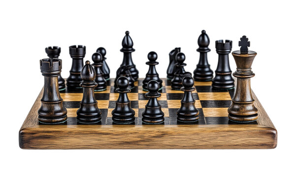Wooden chess board with black and brown pieces in starting position, strategic game setup, classic design, and traditional gameplay theme isolated on transparent background