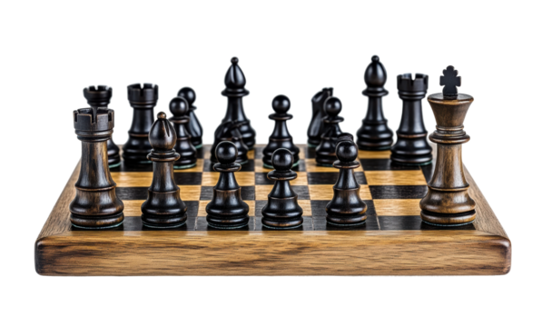 Wooden chess board with black and brown pieces in starting position, strategic game setup, classic design, and traditional gameplay theme isolated on transparent background