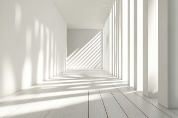 Sunlit white minimalist hallway with wood floor.