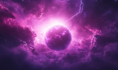 Purple planet with storm clouds, lightning.