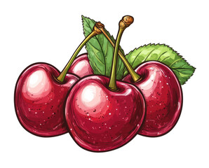 Illustrated cherries with stems and leaves, hand-drawn vibrant red fruit, colorful sketch style perfect for designs, packaging, or art isolated on transparent background