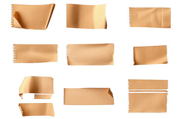 collection of brown tape pieces isolated on transparent background there are ten pieces in total. each with a different shape and size some are torn. while others are folded