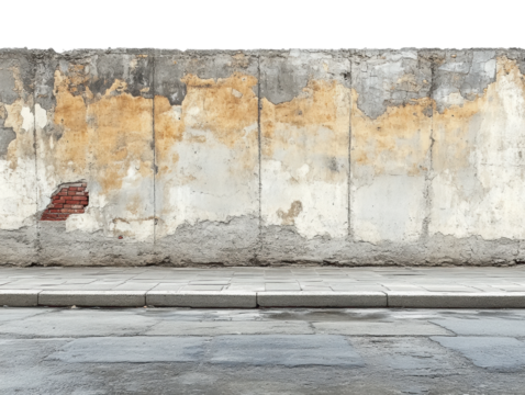 Beton wall with weathered texture and brick detail. Isolated on transparent background, png.