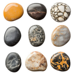 Fototapeta premium nine smooth. polished river stones of various colors and patterns they are arranged in a grid of three rows and three columns against a transparent background
