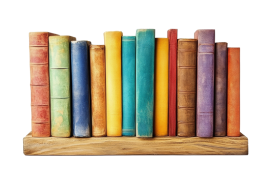Row of vintage hardcover books with colorful covers standing on wooden shelf, antique literature collection isolated on transparent background, library and reading themes