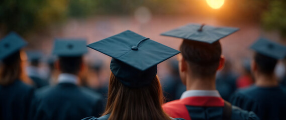 Graduation ceremony with students in caps and gowns at sunset