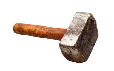 Rustic metal hammer with wooden handle, vintage construction or woodworking tool, durable and sturdy, isolated on transparent background