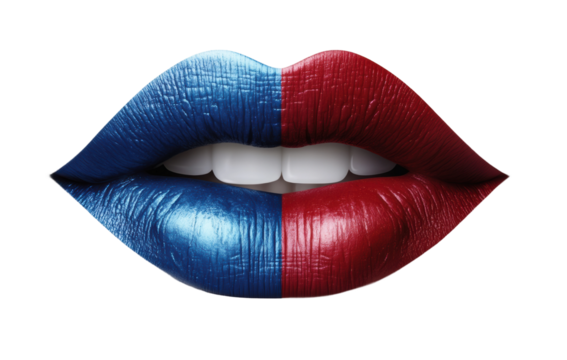 Glossy lips with gradient red and blue lipstick, vibrant color makeup detail, artistic beauty close-up, sensual fashion aesthetic isolated on transparent background