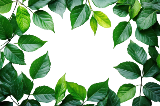 Green leaves frame with empty white center, natural botanical border design, fresh foliage, vibrant plant decoration, and eco-friendly element for projects isolated on transparent background - Powered by Adobe
