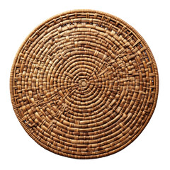 Fototapeta premium Round woven rattan basket with intricate natural texture, handwoven artisan craft in earthy tones, isolated on transparent background