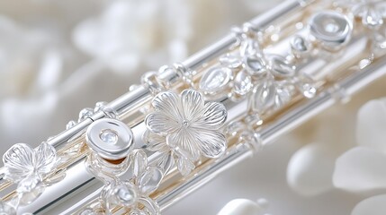 Ornate silver flute, detailed close-up view, delicate floral carvings, and sparkling embellishments on a musical instrument.